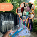 Collection of crochet hooks, yarn, and accessories with Cotton Grove Yarn branding.